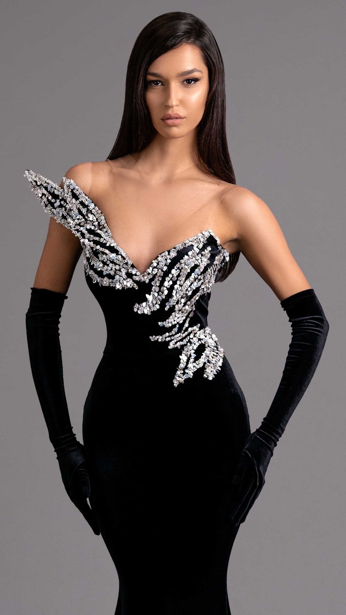 Black Velvet Gown with Crystal Embellishments - KUJTA & MERI - KUJTA & MERI