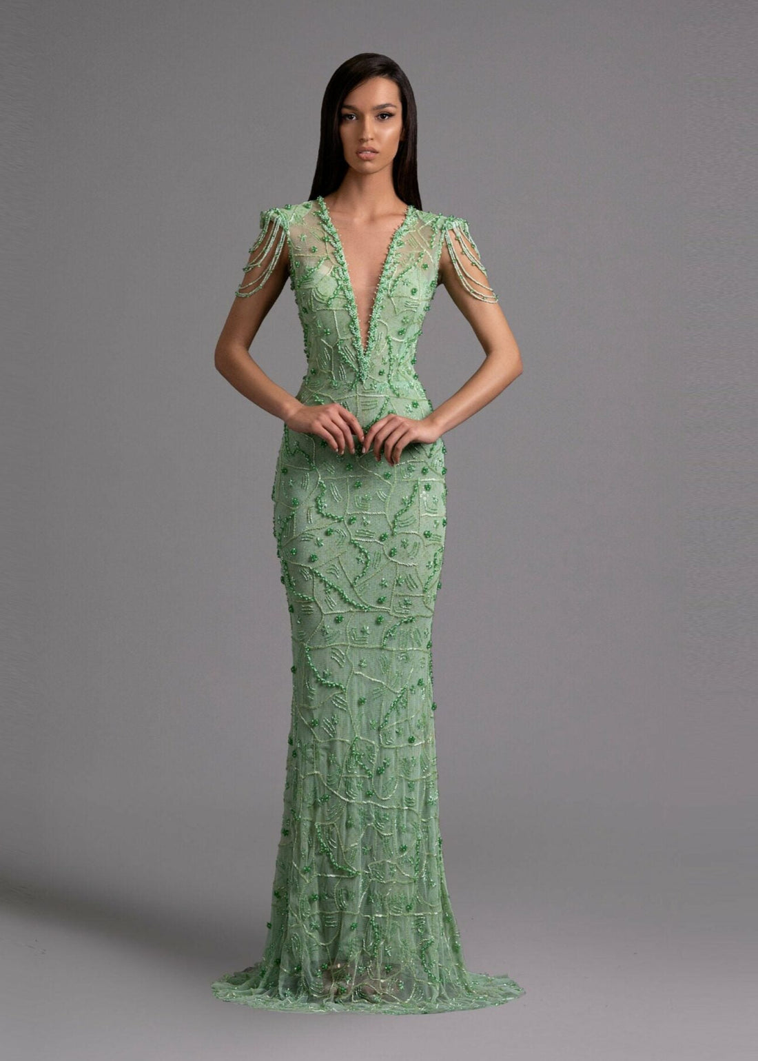 Emerald Green Beaded Gown with Cap Sleeves - KUJTA & MERI - KUJTA & MERI