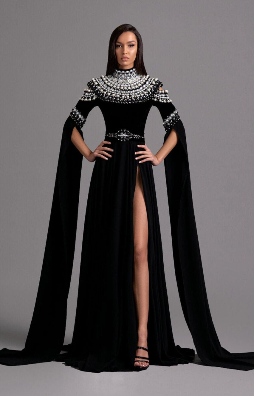 Majestic Black Gown with Dramatic Cape Sleeves - KUJTA & MERI - KUJTA & MERI