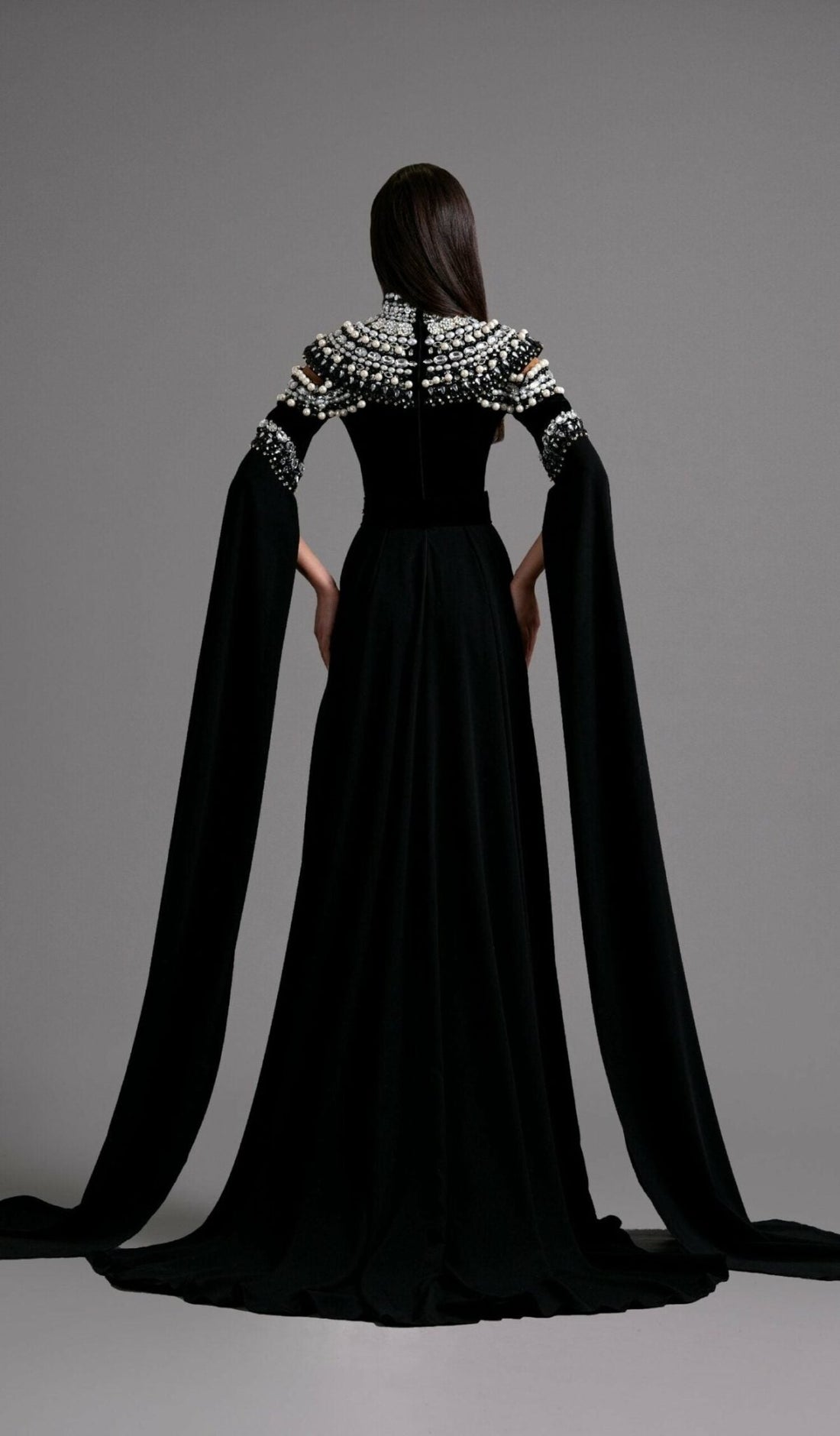Majestic Black Gown with Dramatic Cape Sleeves - KUJTA & MERI - KUJTA & MERI