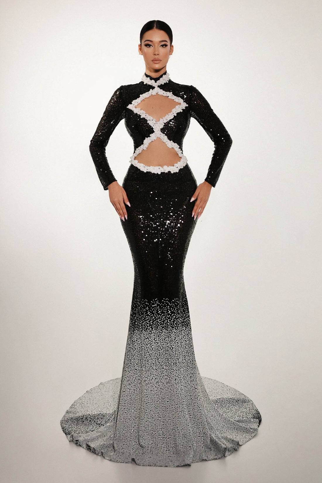 Elegant ombre sequin couture dress with white floral applique 