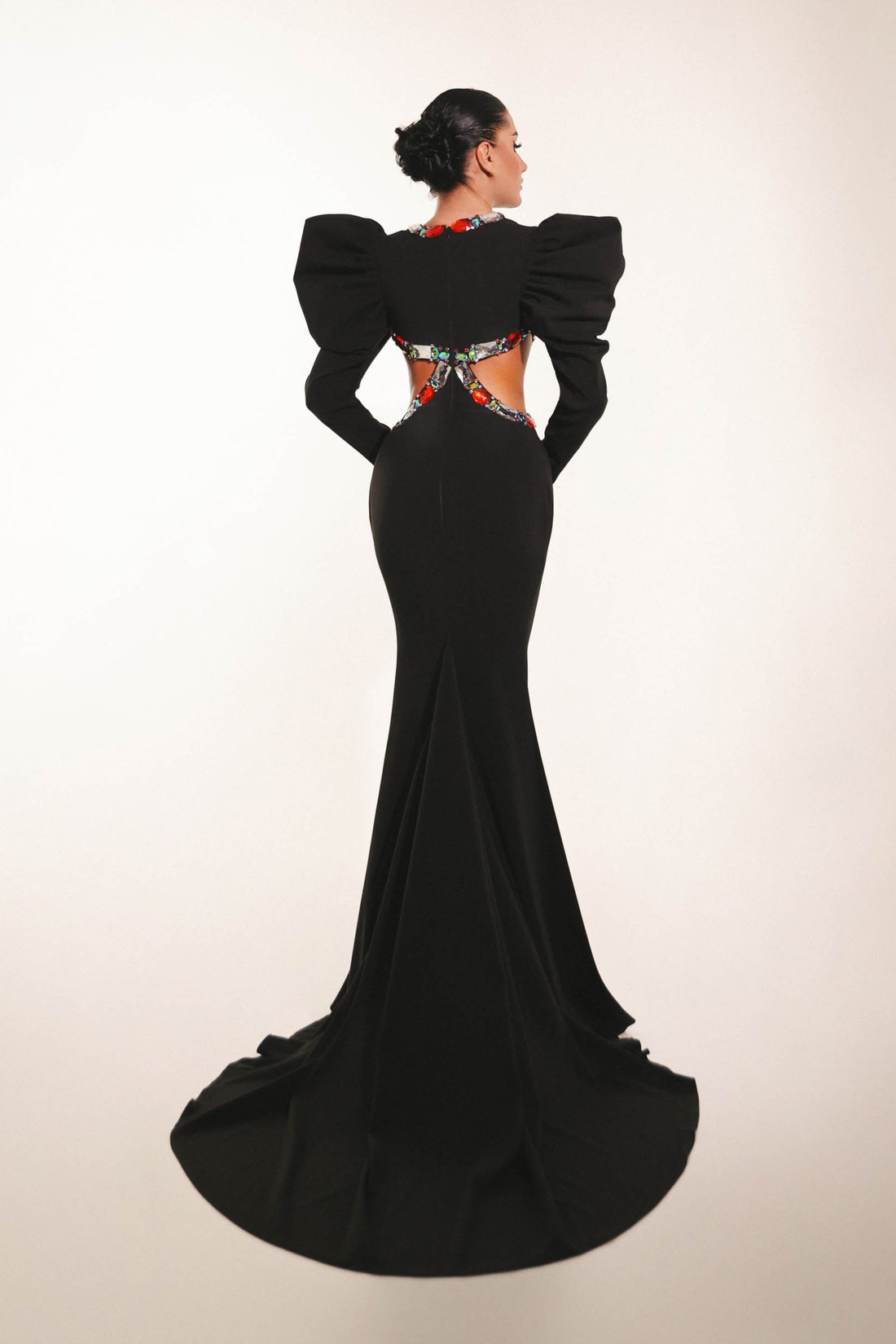Luxury black evening gown with puff sleeves and couture crystal embroidery