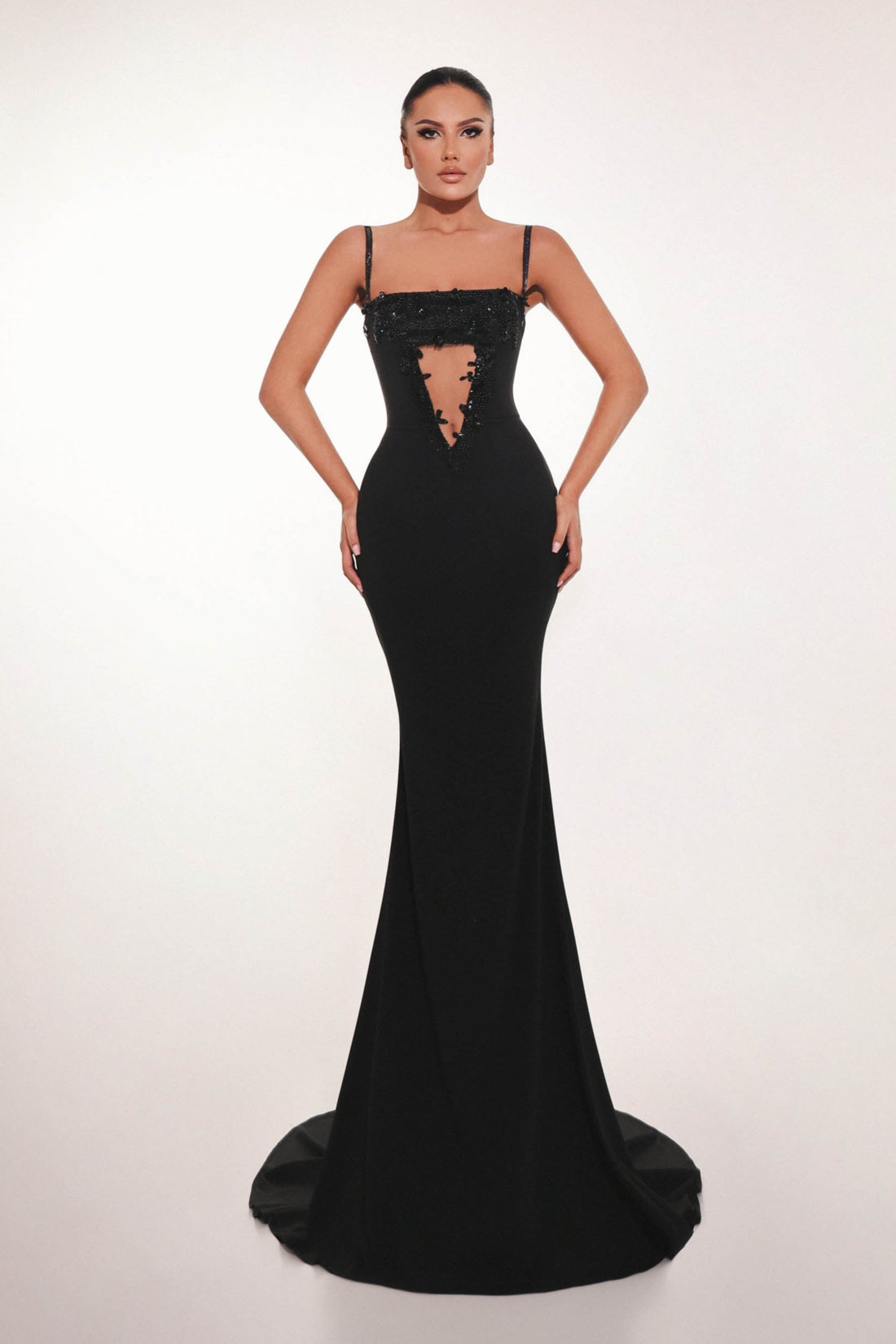 Black cut-out evening dress with gemstone embellishments -Couture gown