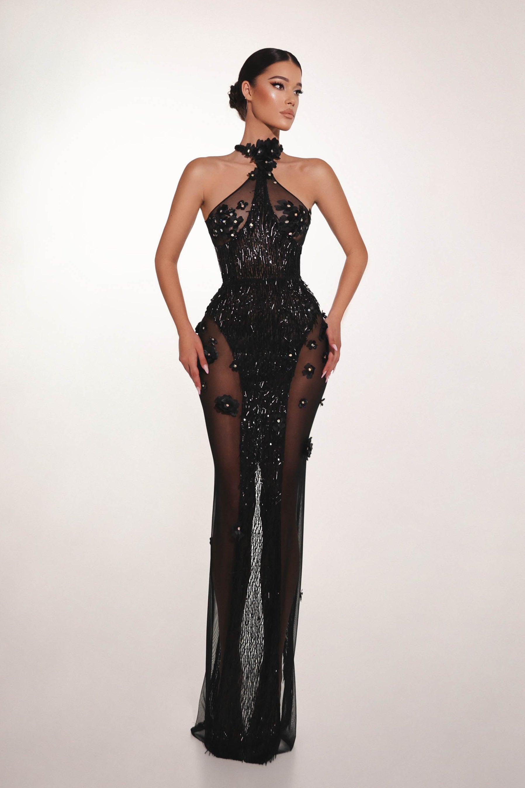 Elegant Black Feather Dress- Sheer Elegance with Feathered