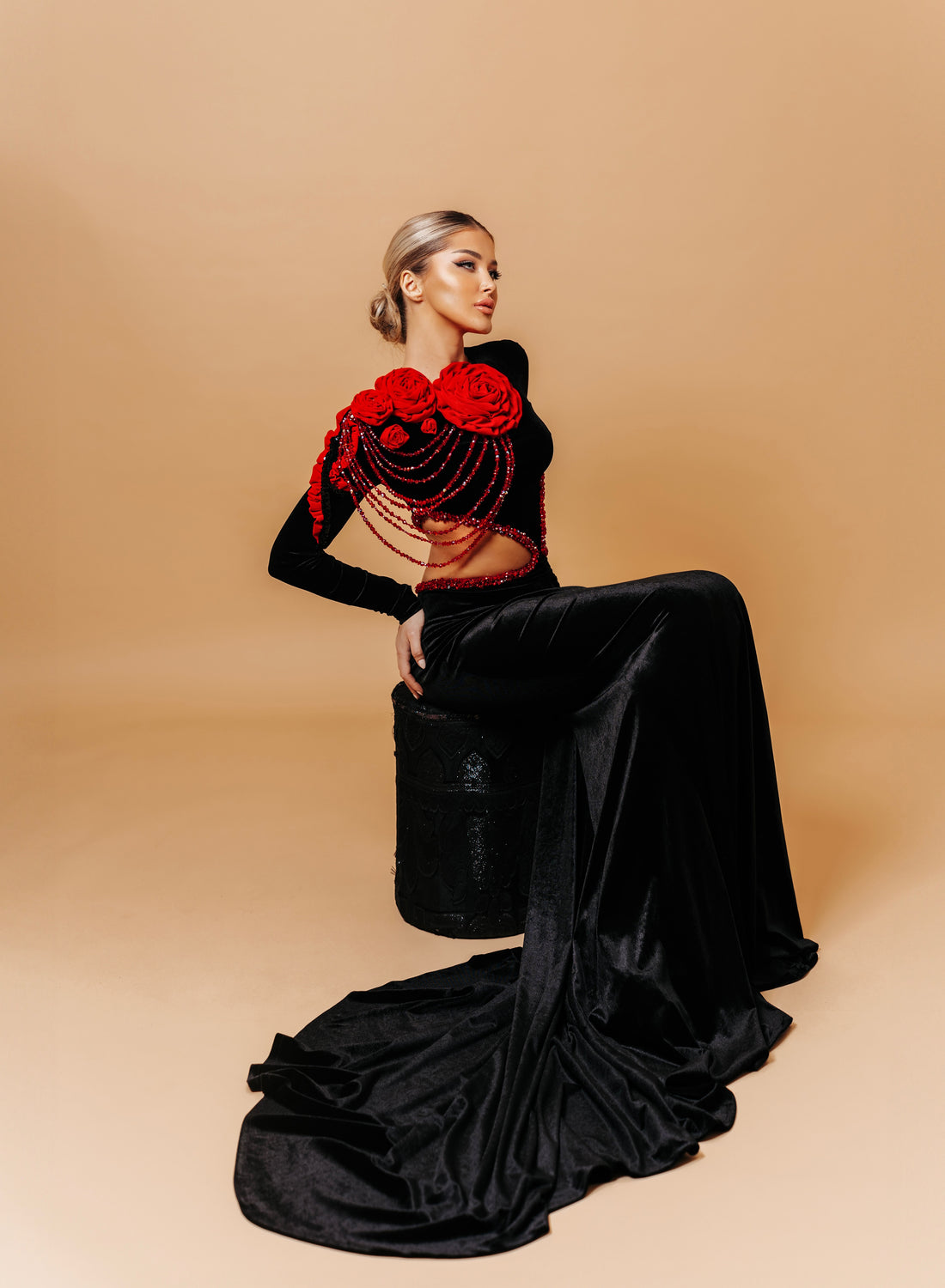 Luxury Black & Red Velvet Gown with Ruby Crystal Details