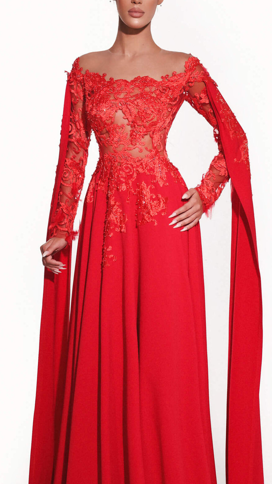 Red evening gown with long sleeves on a white background