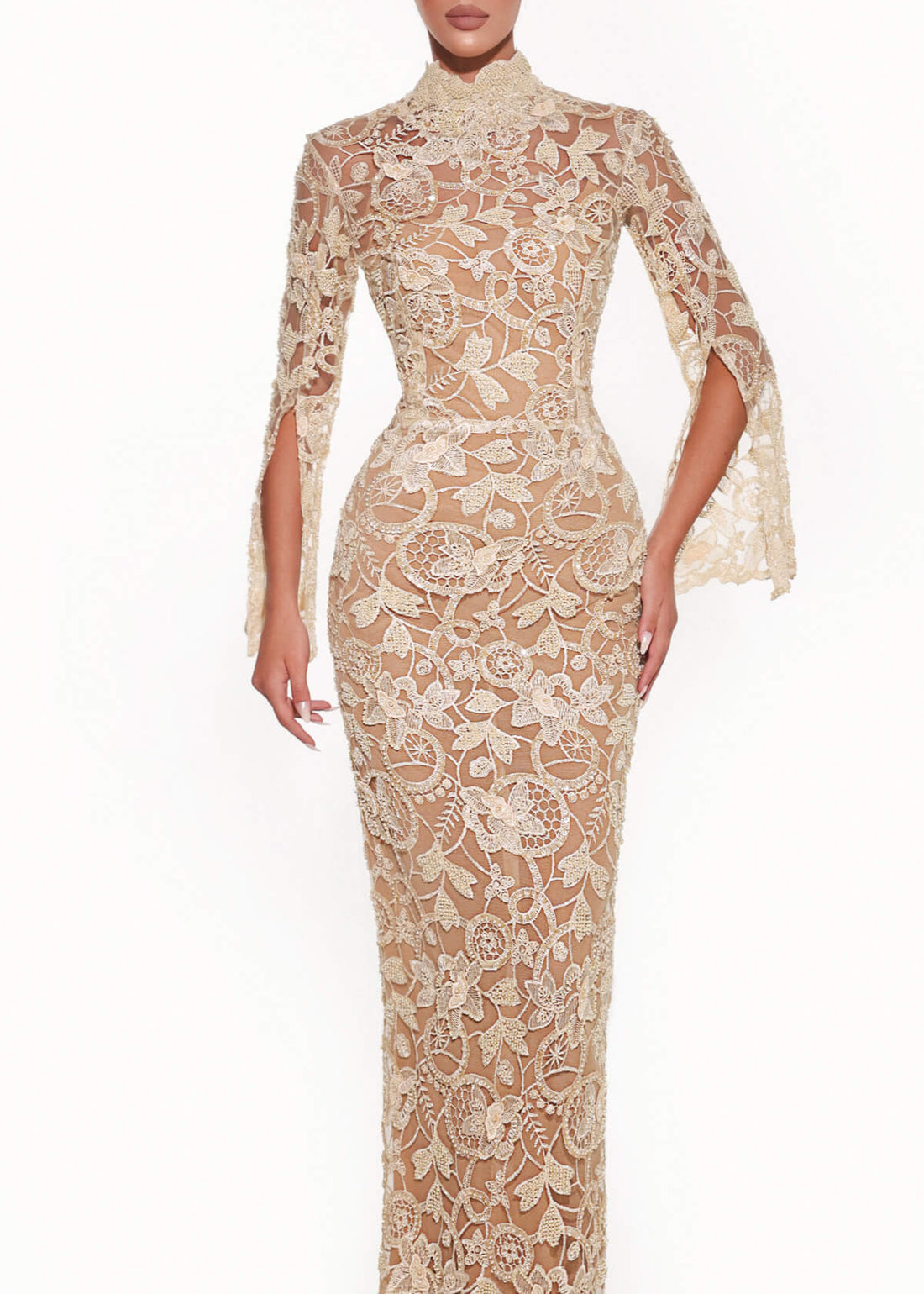 Woman wearing a beige lace evening gown on a white background zoom views