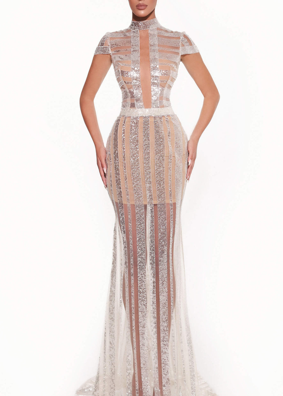 Woman wearing a sheer, high-neck evening gown on a white background