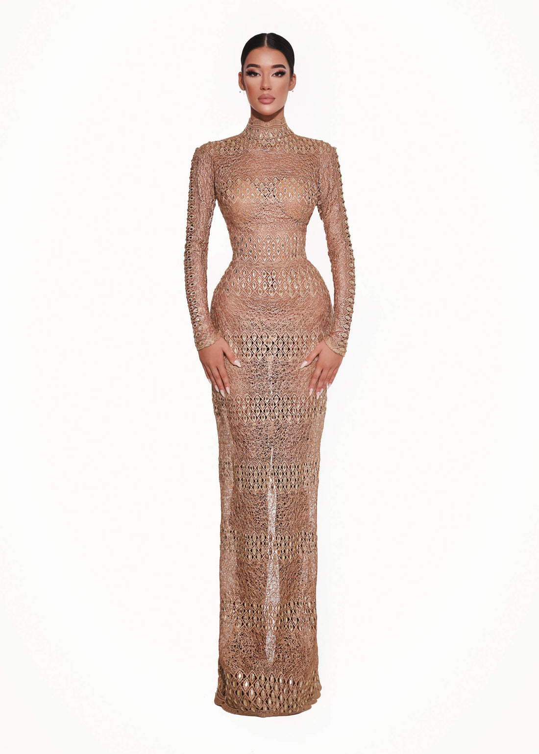 Woman wearing a sparkling evening gown on a white background