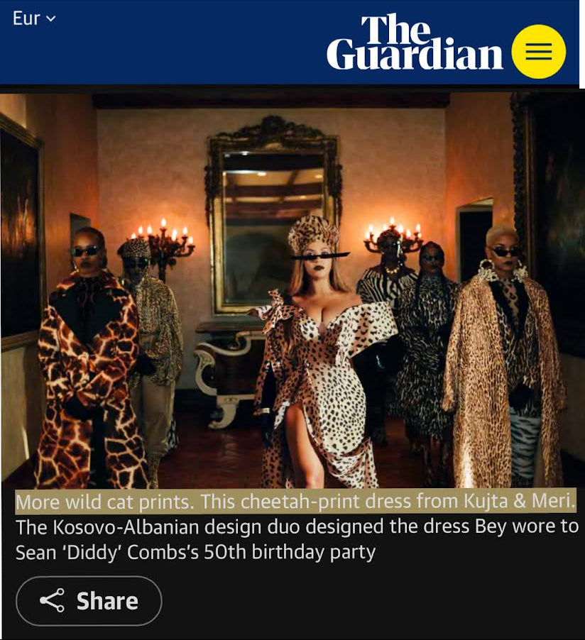 Beyoncé wearing Kujta & Meri  a cheetah-print dress at Sean 'Diddy' Combs's 50th birthday party, with 'The Guardian' logo above.