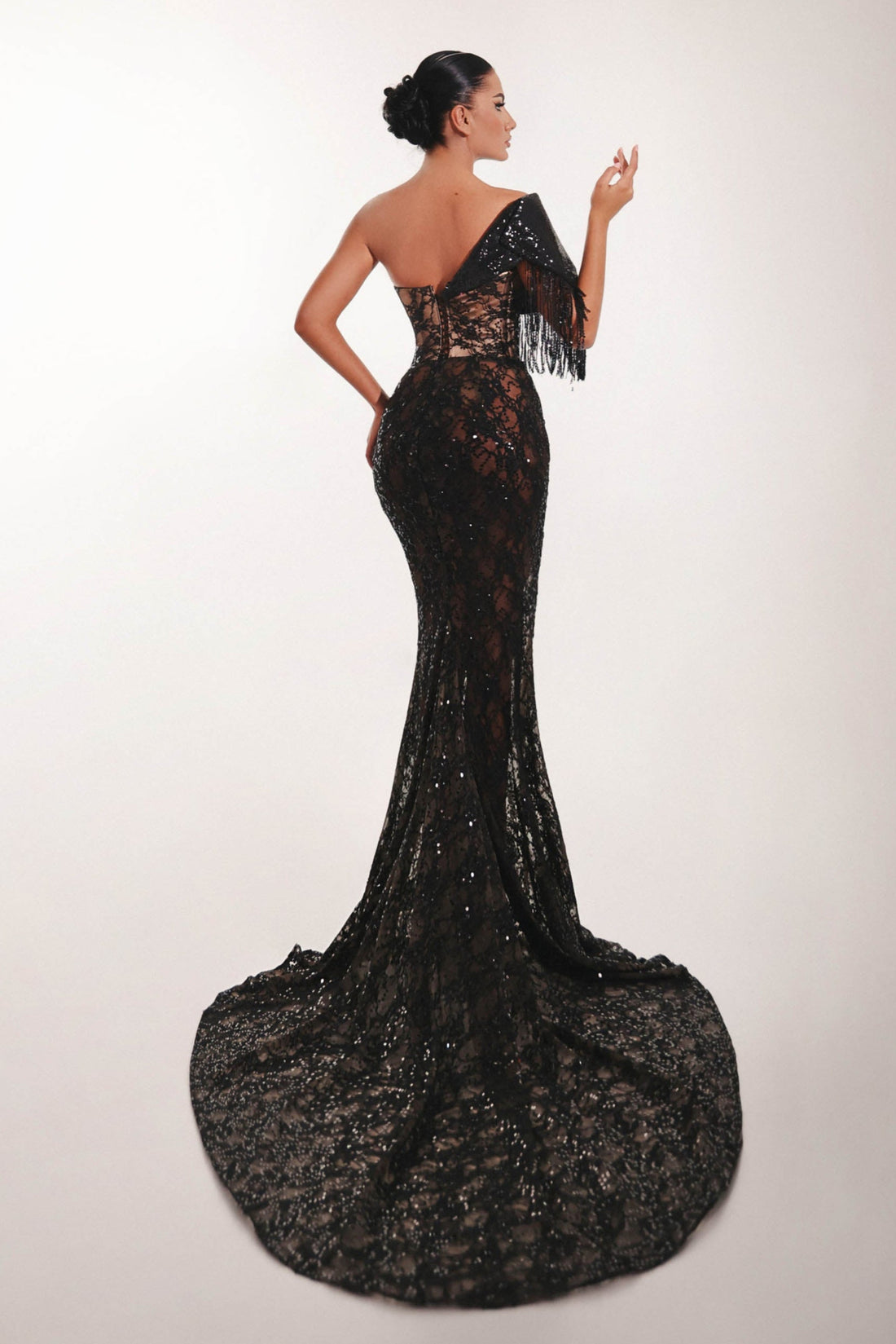Black Lace One Shoulder Couture Dress with Train