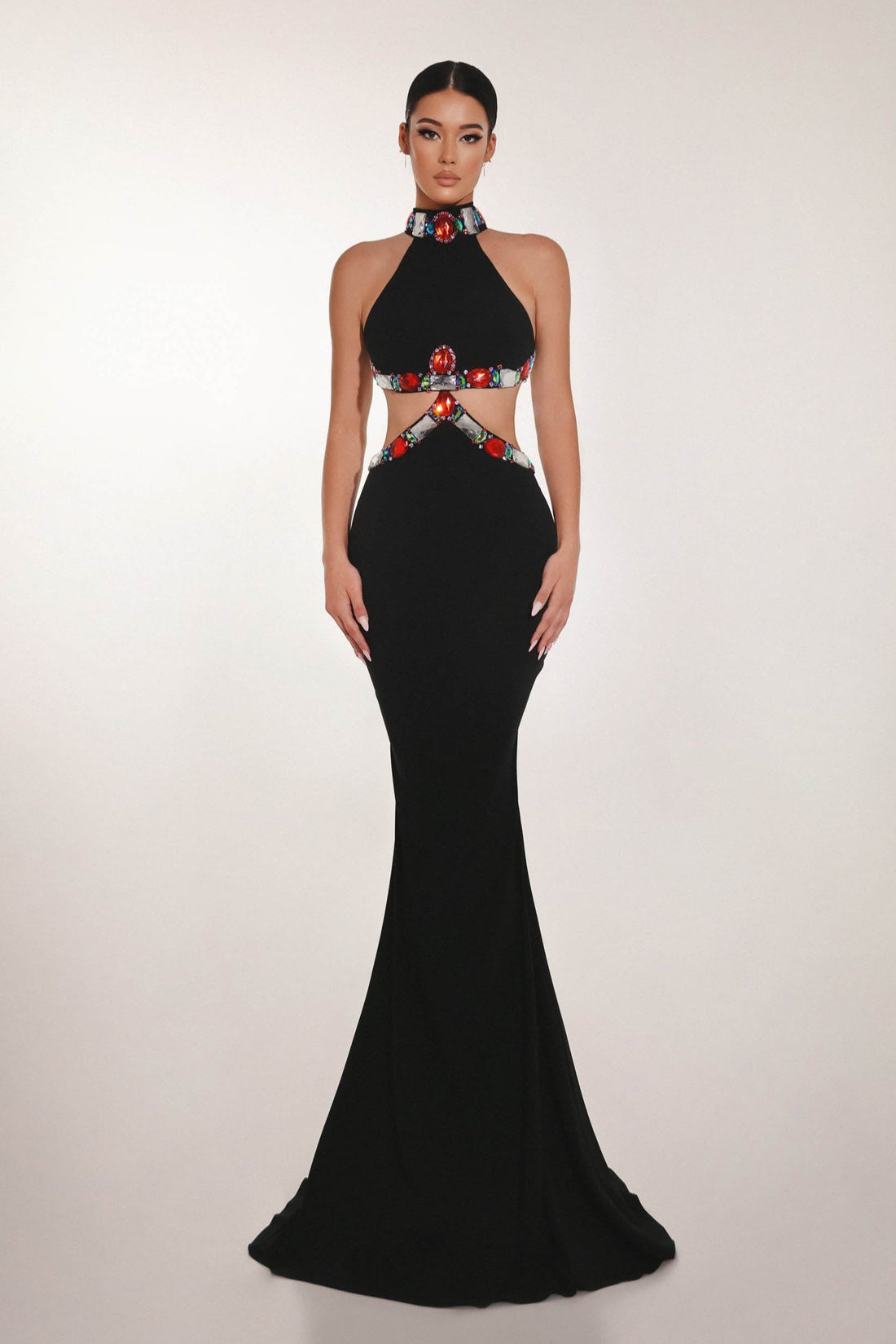 Black royal gemstone couture dress – front view