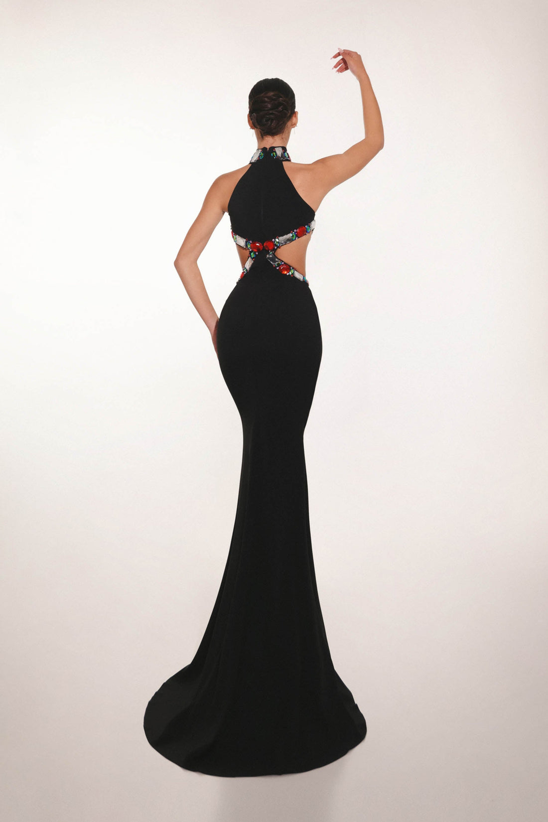 Black gemstone couture gown with open back – back view 
