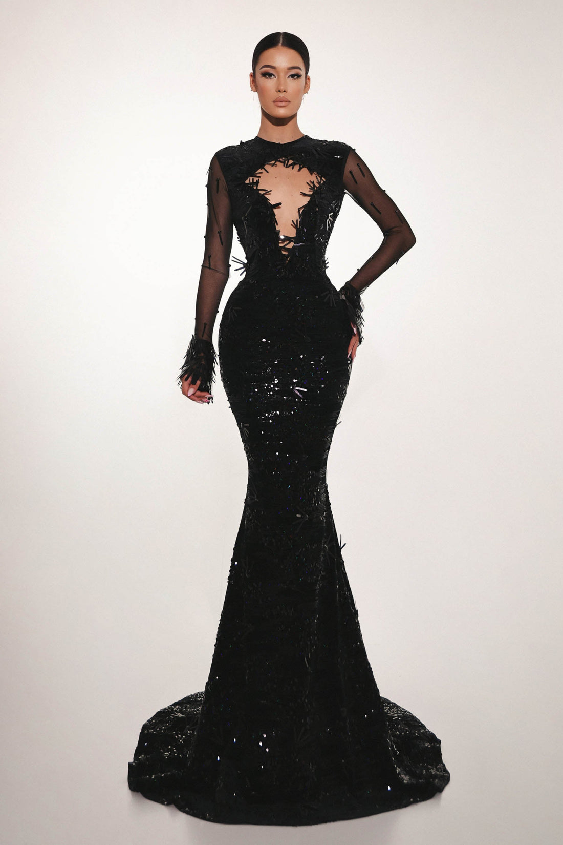Black sequin gown with sheer sleeves on a white background