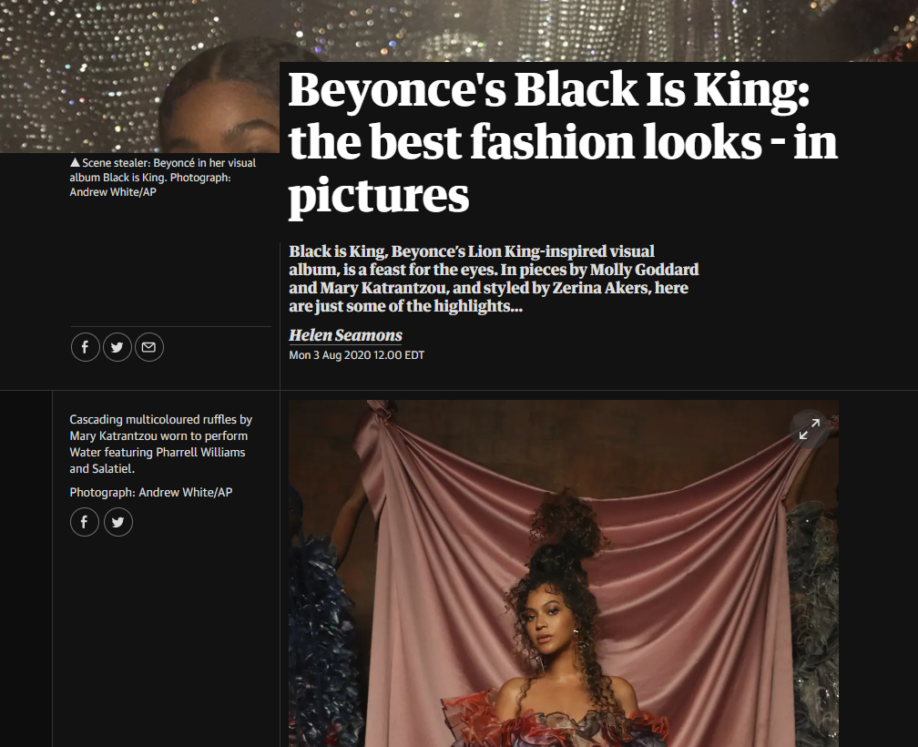 Kujta & Meri couture featured in The Guardian- Beyoncé Black is King fashion look and designer