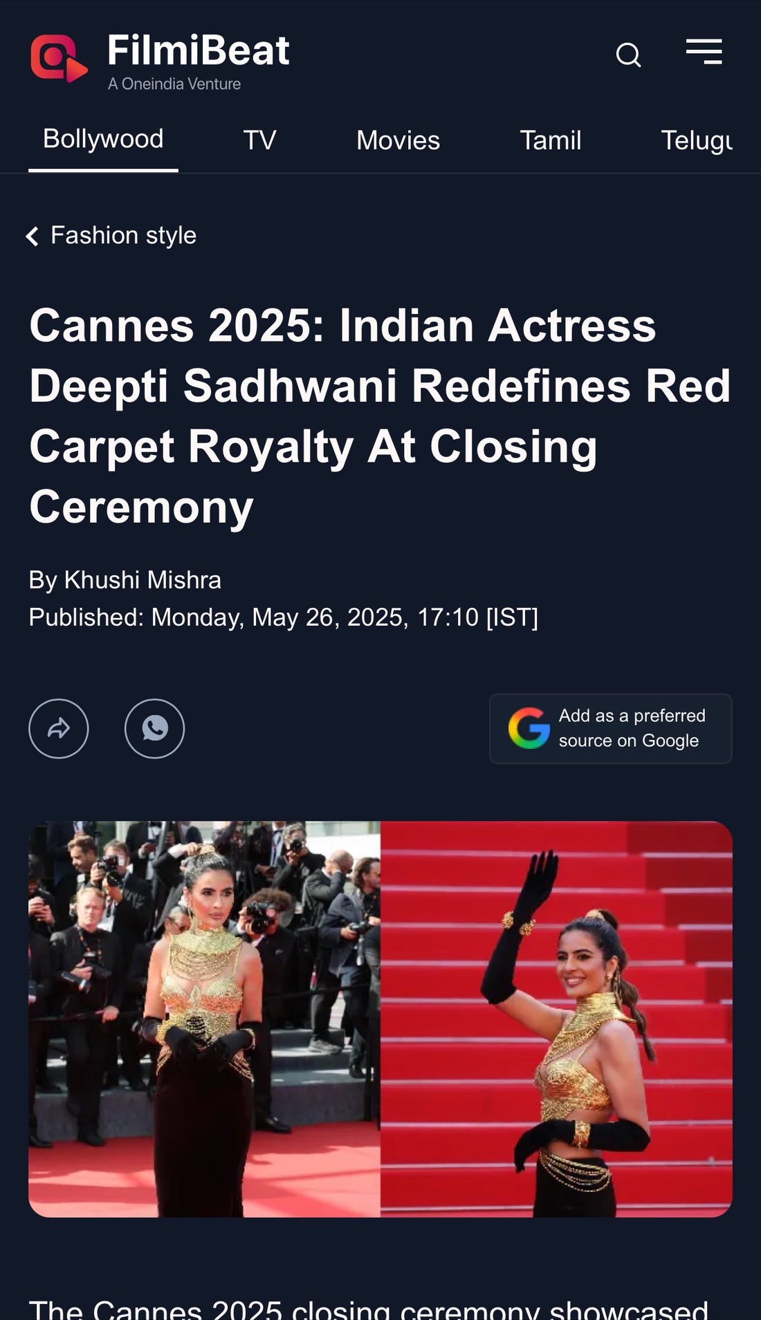 Indian actress Deepti Sadhwani wearing a molten gold couture gown by Kujta & Meri at the Cannes 2025 Closing Ceremony, featured in FilmiBeat. The design, inspired by Cleopatra, exuded red carpet royalty and modern luxury