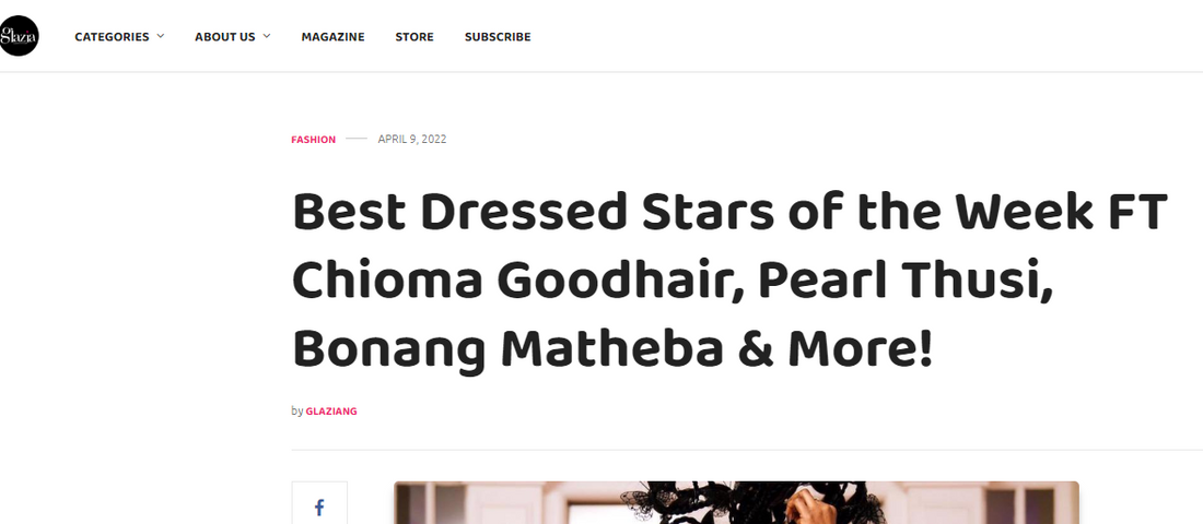 Pearl Thusi wearing an elegant mono-strap black couture gown by Kujta & Meri, featured in Glazia Magazine – styled with a thigh-high slit and ruffled side cape, celebrating African red carpet glamour