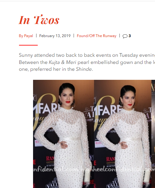 Sunny Leone wearing a pearl-embellished couture gown by Kujta & Meri, featured in High Heel Confidential red carpet look at the Filmfare Glamour & Style Awards 2019