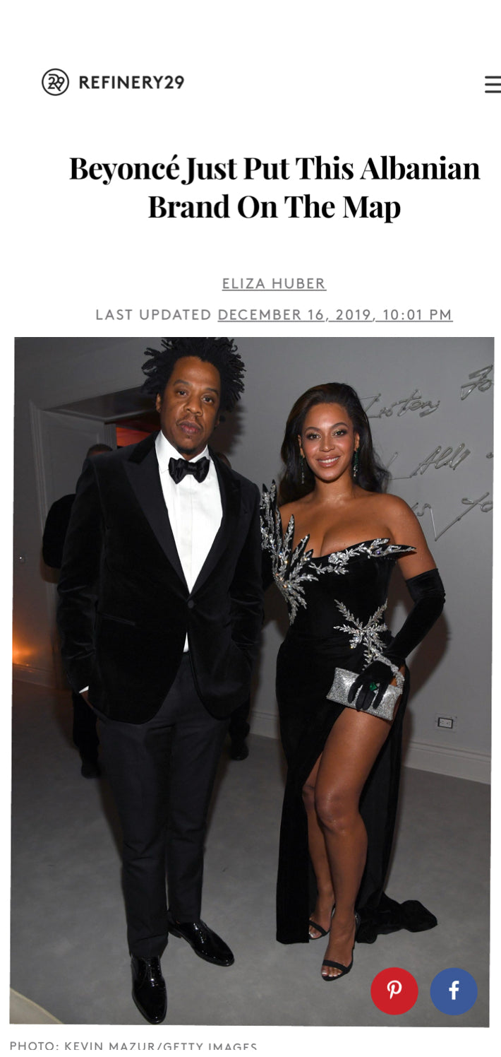 Beyoncé wearing a black embellished couture gown by Kujta & Meri, featured in Refinery29 – “Beyoncé Just Put This Albanian Brand On The Map,” celebrating the rise of the Albanian couture house on the global fashion scene