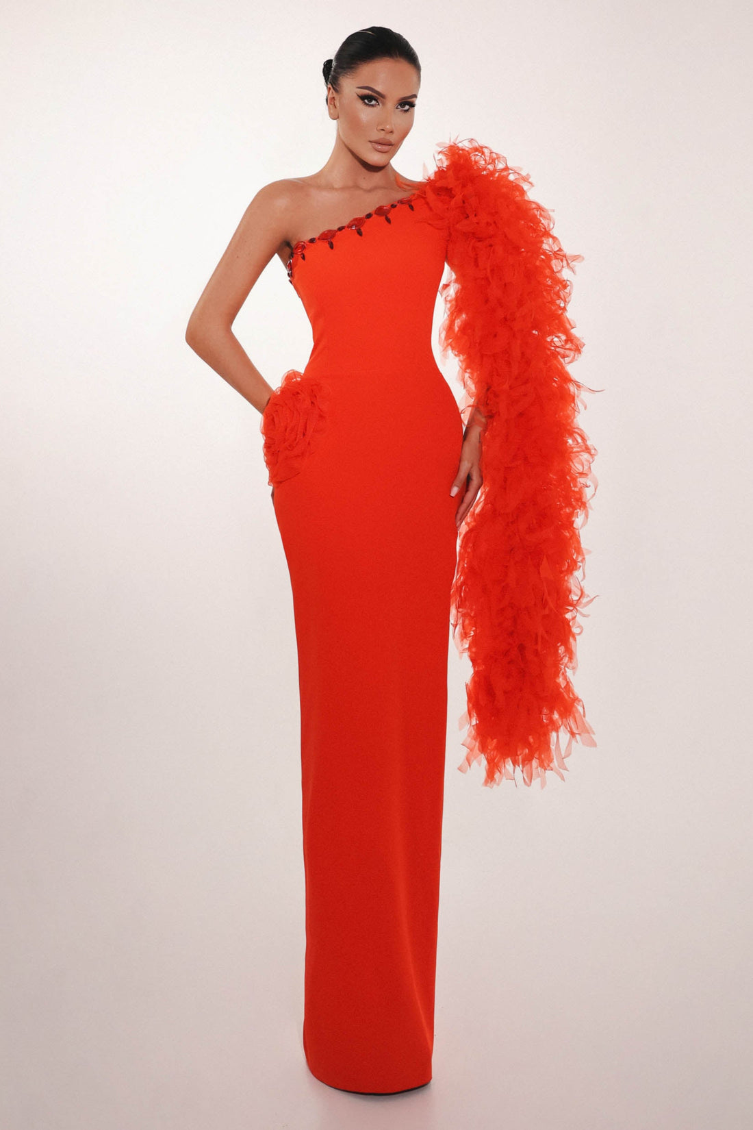 Red one shoulder dress