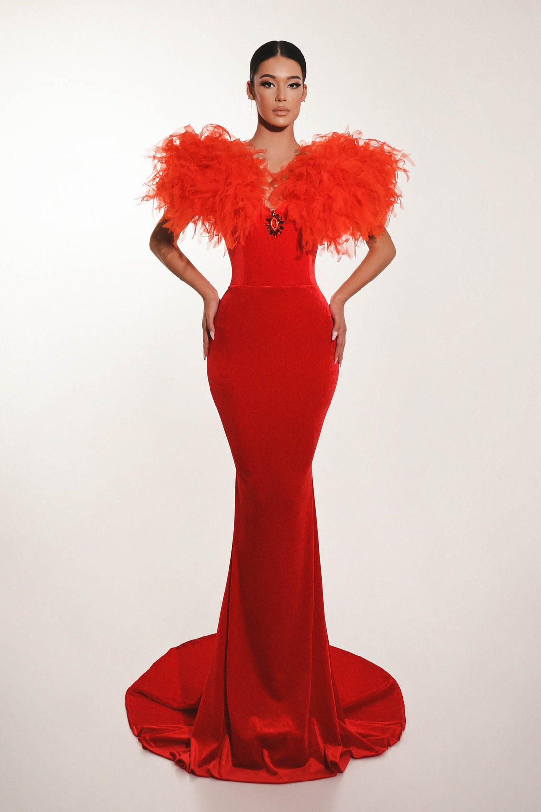 Red silk velvet couture dress with sculpted shoulders – front view