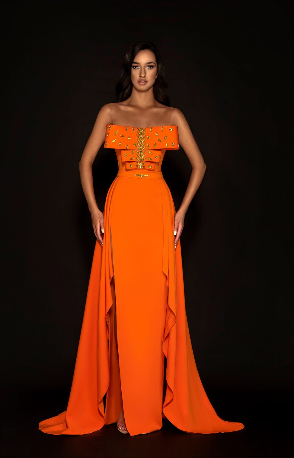 Amber Radiance Gown- Elegant Orange Dress with Gold Details M