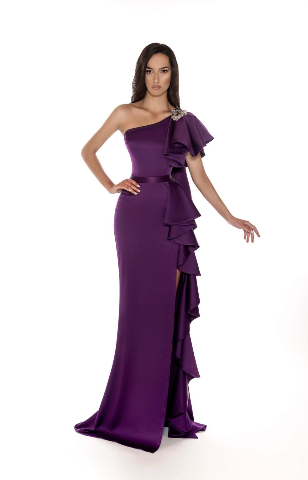 Amethyst Cascade Gown Satin Purple Gown- Amethyst Dress with High Slit L Amethyst Cascade Gown Satin Purple Gown- Amethyst Dress with High Slit L