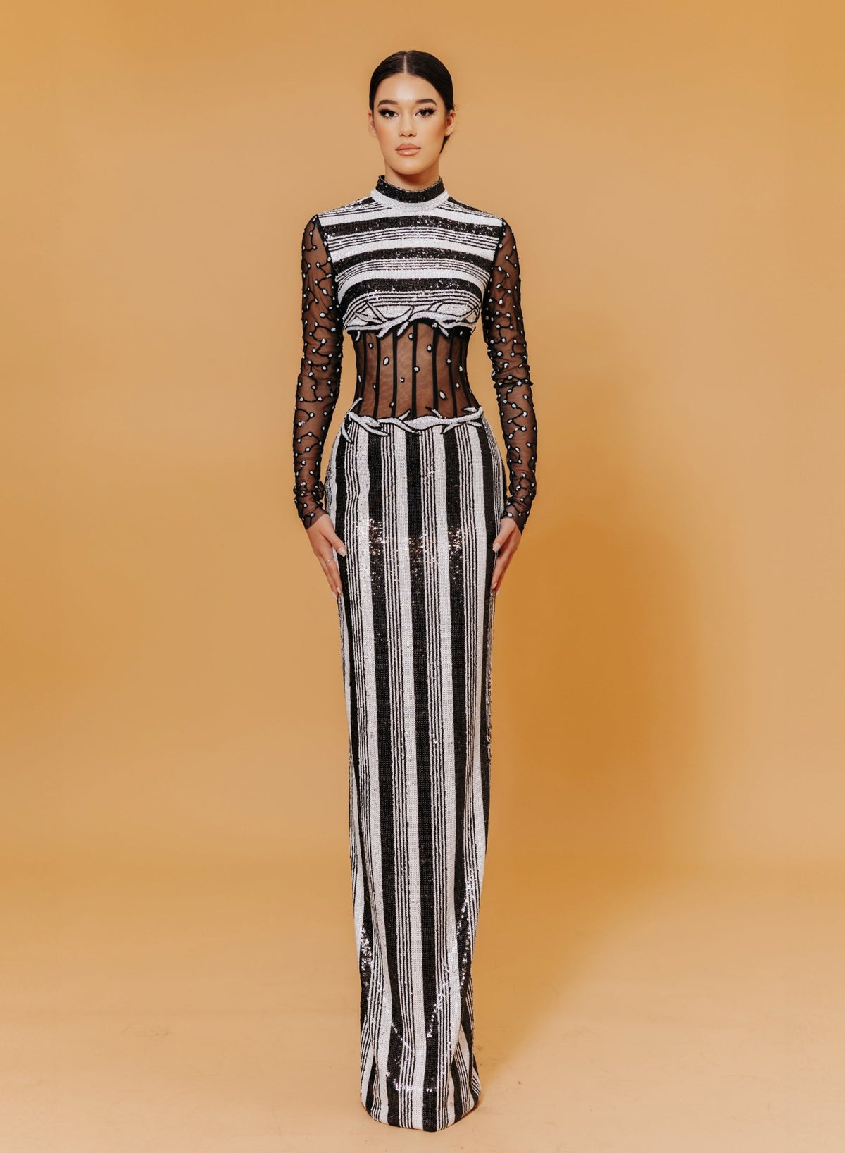 black and white striped formal dress SEQUIN EVENING XL Collection_Kendall or winter.Key Features Black Velvet Contrast Satin Color:bronze orange