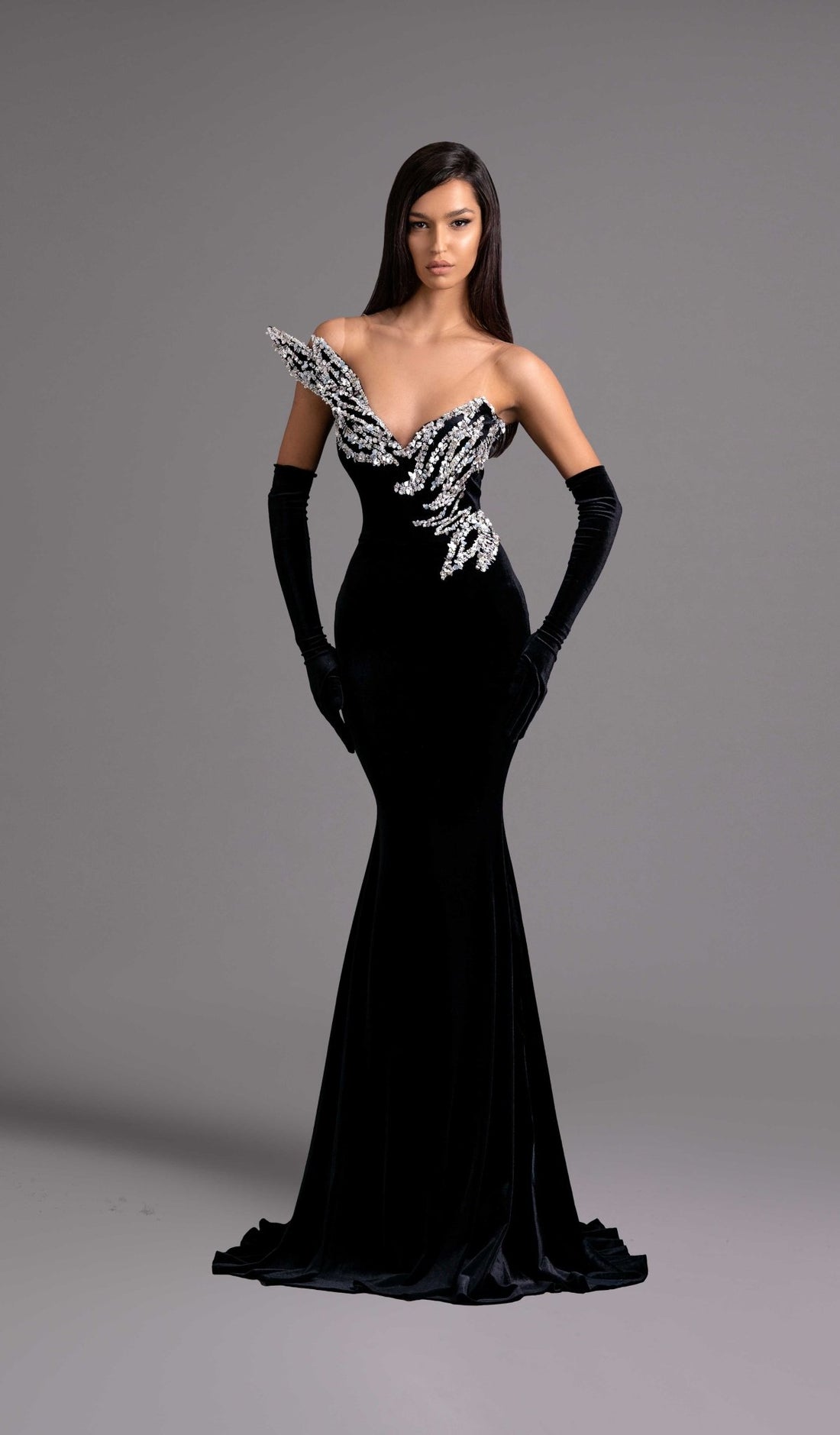 Black Velvet Gown with Crystal Embellishments - KUJTA & MERI - KUJTA & MERI