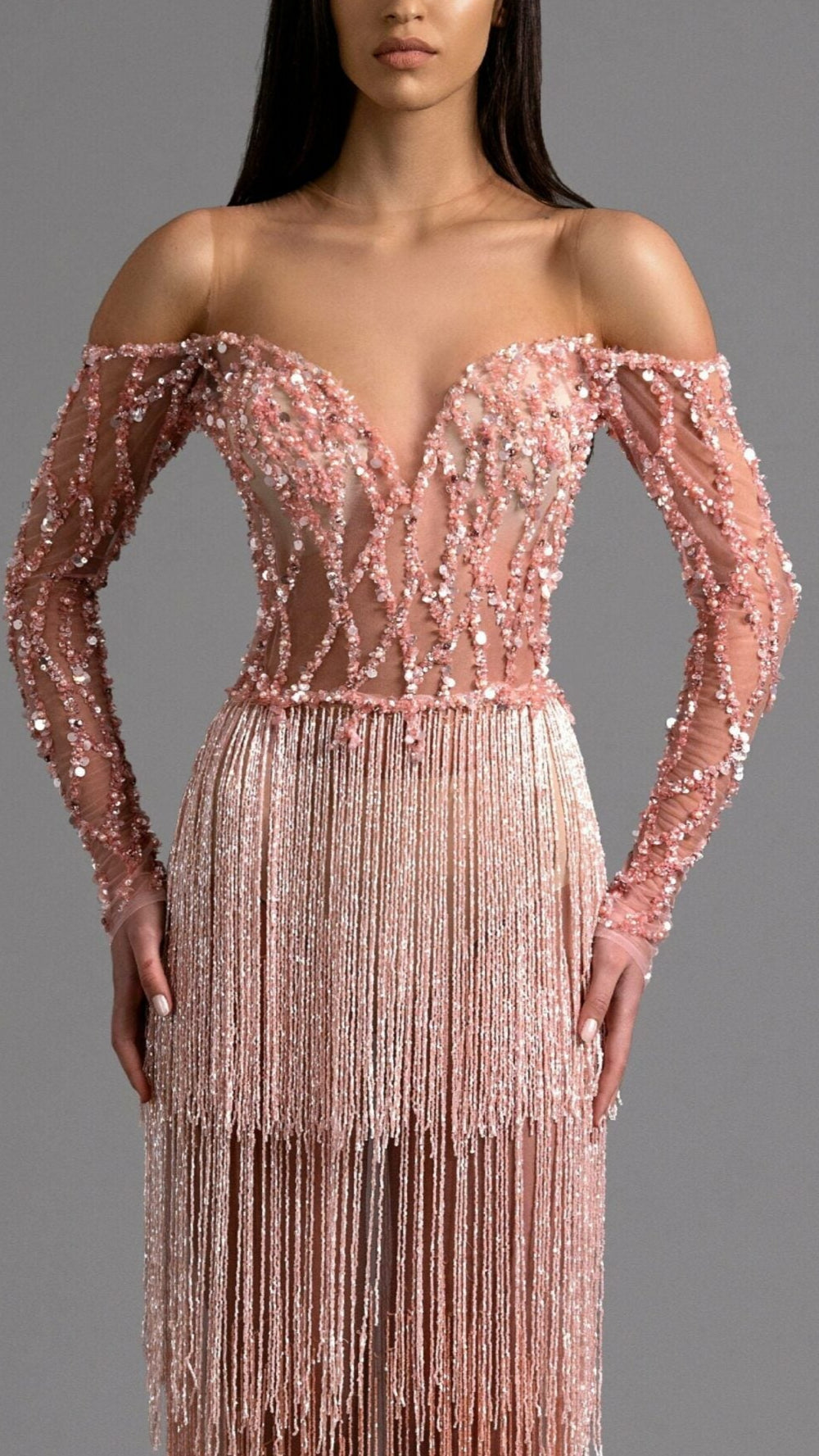 Blush Pink Off-Shoulder Beaded Fringe Gown KUJTA & MERI Blush Pink Off-Shoulder Beaded Fringe Gown KUJTA & MERI