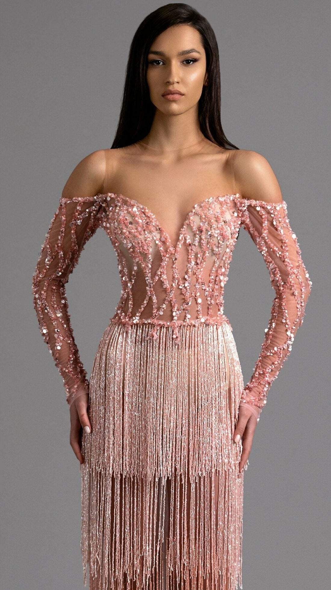 Blush Pink Off - Shoulder Beaded Fringe Gown - KUJTA & MERI - KUJTA & MERI