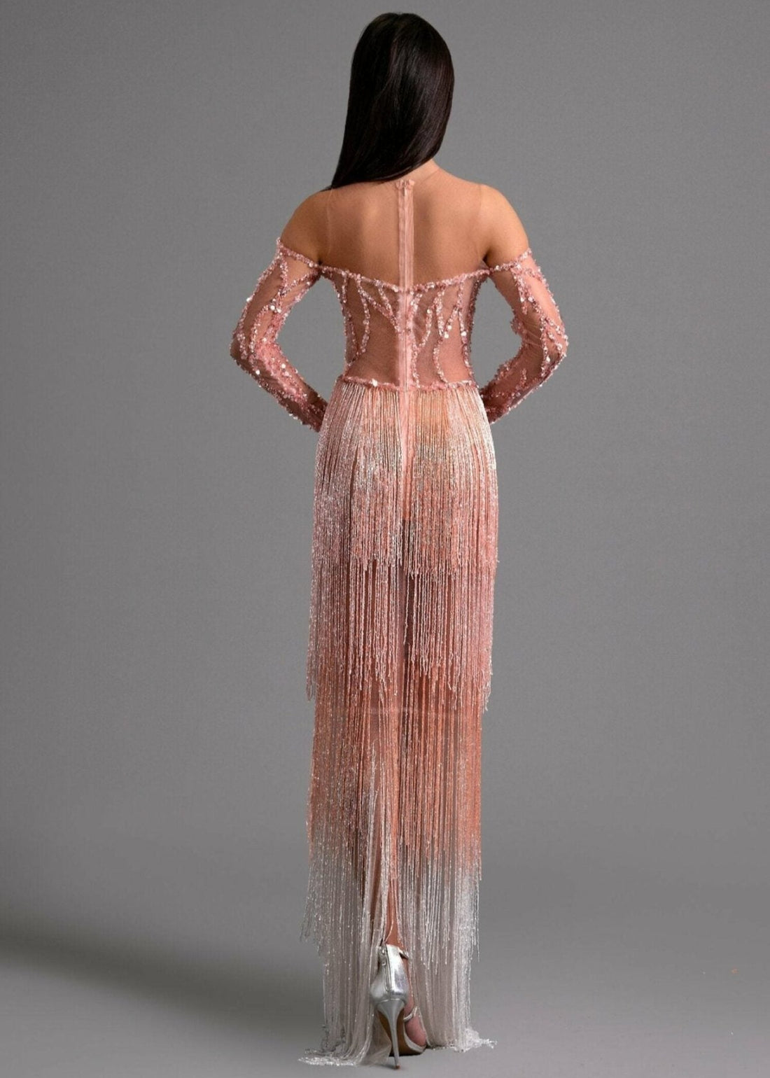 Blush Pink Off-Shoulder Beaded Fringe Gown KUJTA & MERI Blush Pink Off-Shoulder Beaded Fringe Gown KUJTA & MERI