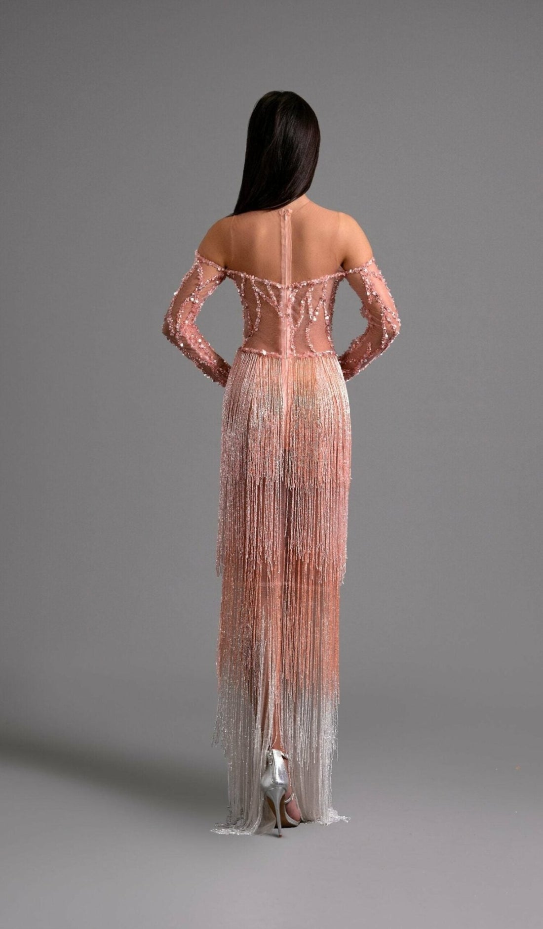 Blush Pink Off - Shoulder Beaded Fringe Gown - KUJTA & MERI - KUJTA & MERI