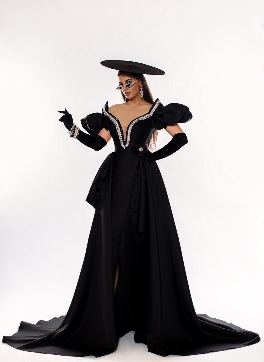 Dramatic Black Gown with Statement Sleeves and Hat - KUJTA & MERI - KUJTA & MERI