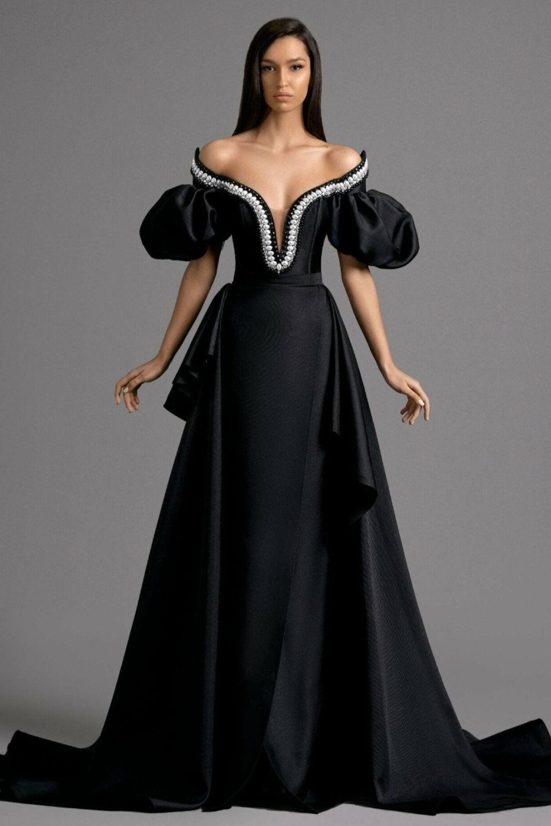 Dramatic Black Gown with Statement Sleeves and Hat Dramatic Black Gown with Statement Sleeves and Hat