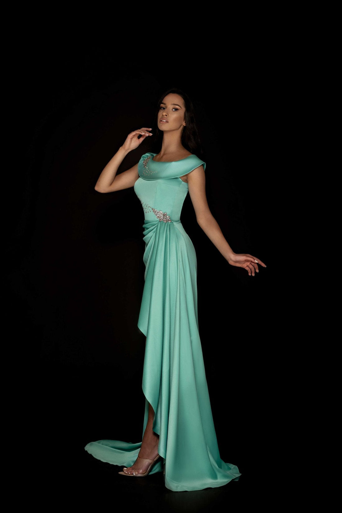 Elegant Aqua Draped Evening Gown - KUJTA & MERI - KUJTA & MERI