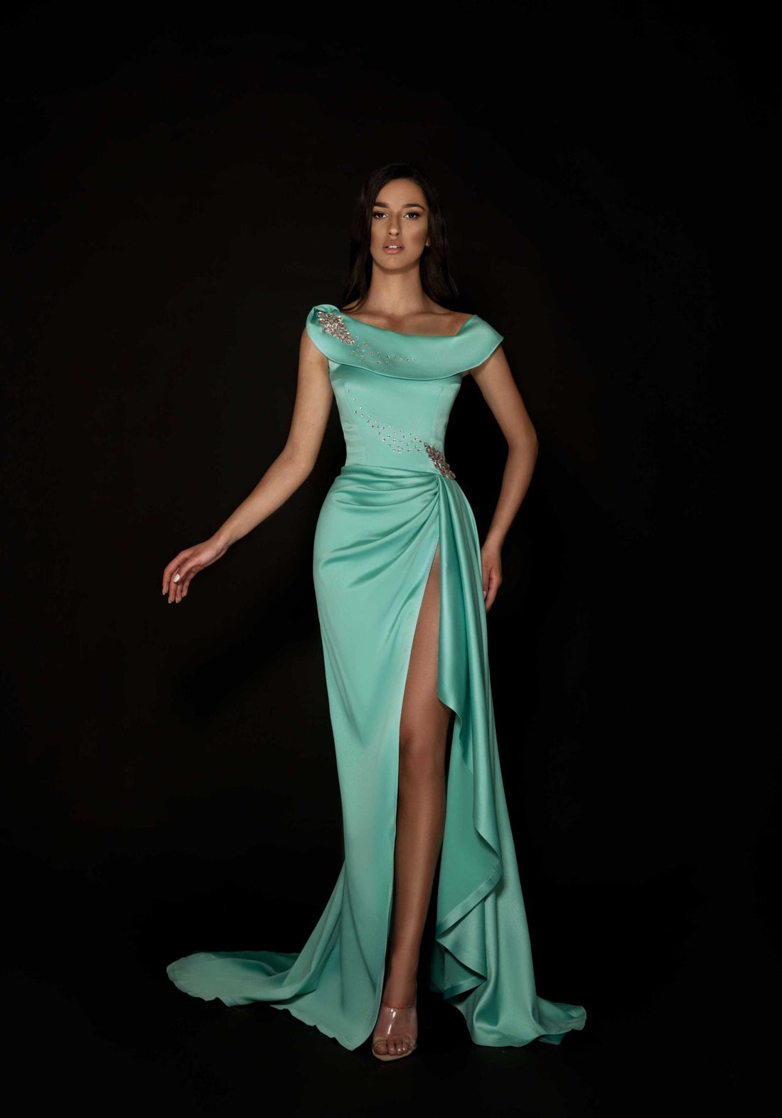 aqua evening dress Emerald Crystal Satin Dress