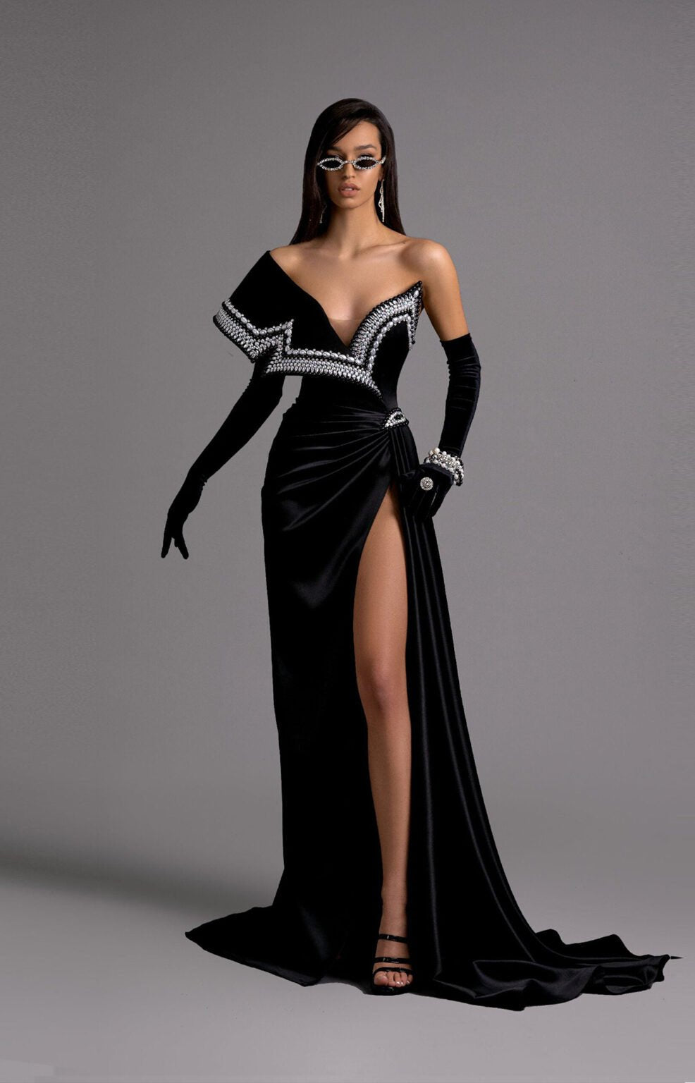Elegant Black Asymmetrical Gown with Crystal Detailing - KUJTA & MERI - KUJTA & MERI