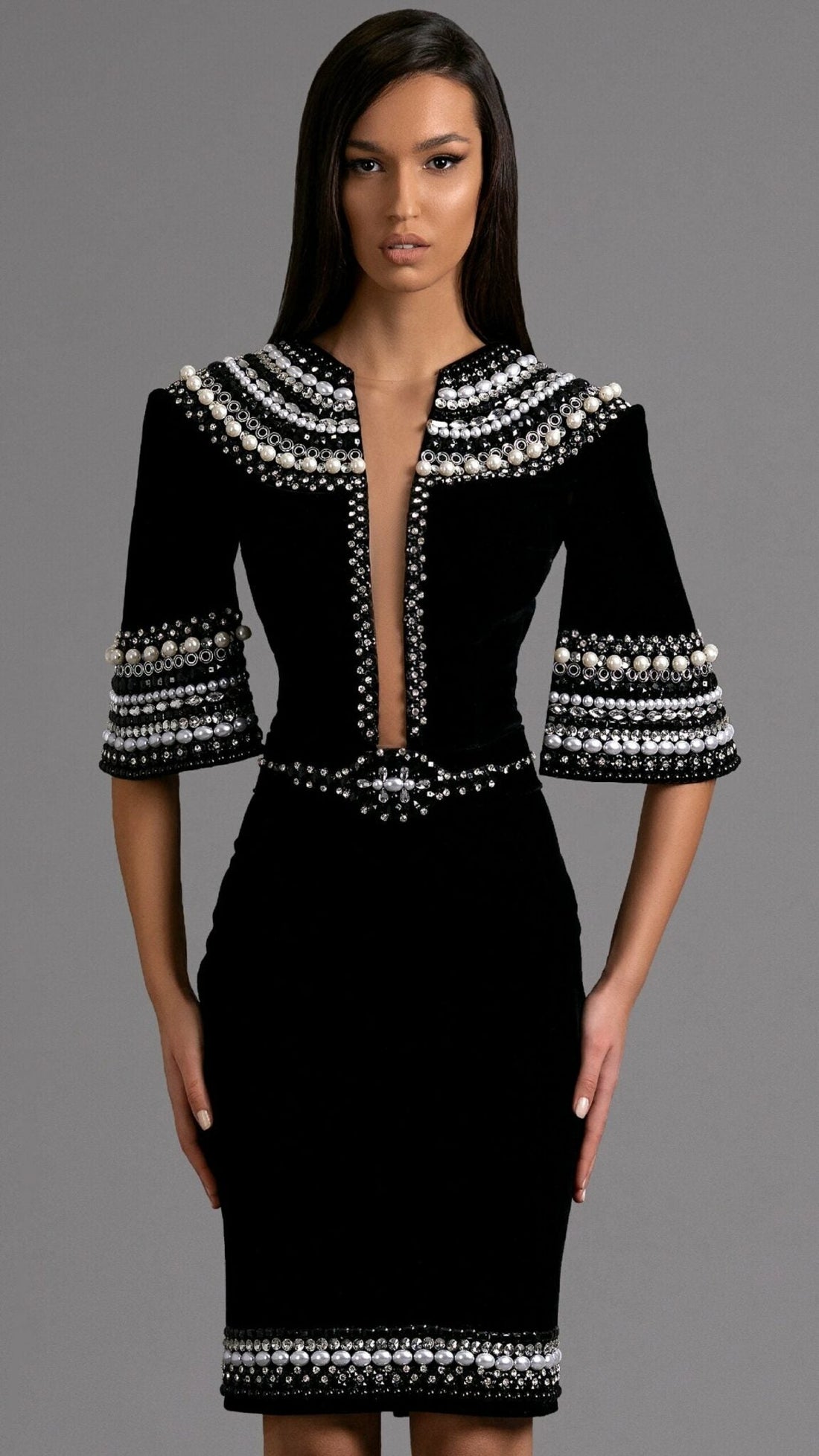 Elegant Black Cocktail Dress with Embellished Trim - KUJTA & MERI - KUJTA & MERI