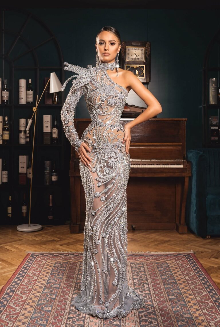 Elegant Silver Beaded One-Shoulder Gown for Special Occasions KUJTA & MERI Elegant Silver Beaded One-Shoulder Gown for Special Occasions KUJTA & MERI