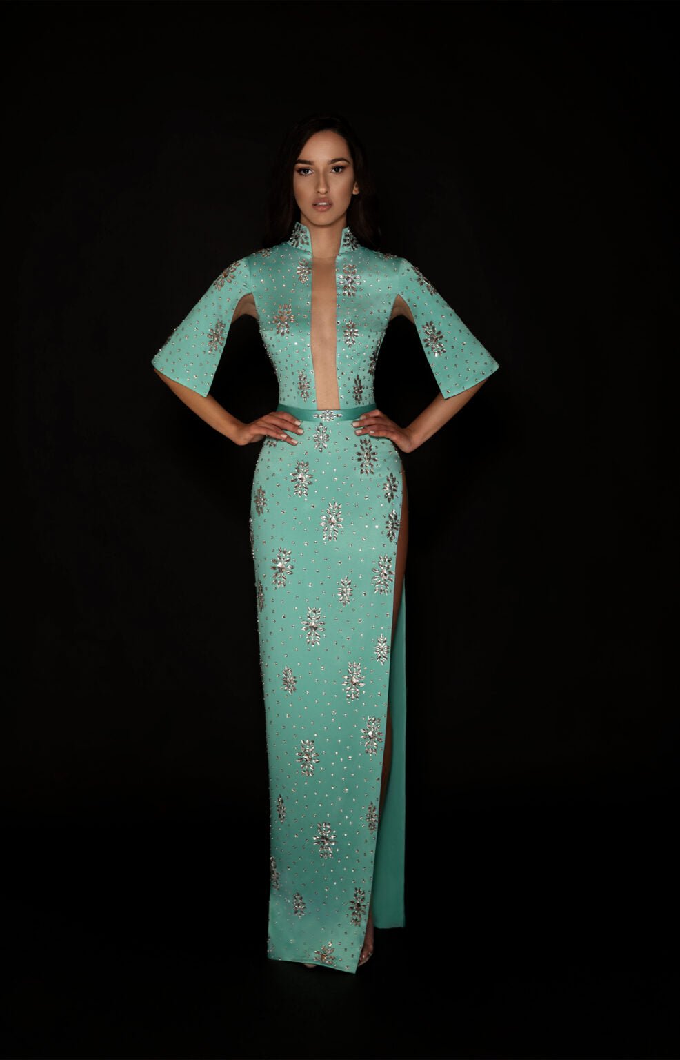 Emerald Elegance Open Neckline Gown | KUJTA & MERI