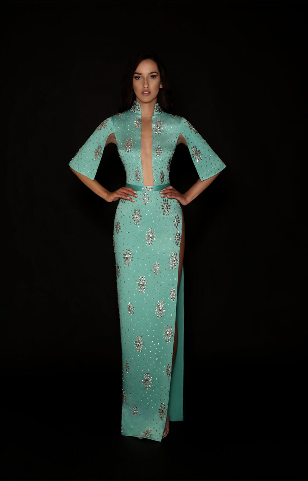 Emerald Elegance Open Neckline Gown - KUJTA & MERI - KUJTA & MERI