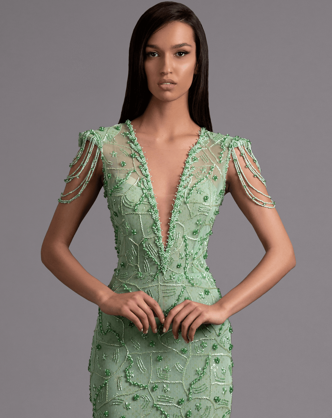 Emerald Green Beaded Gown with Cap Sleeves - KUJTA & MERI - KUJTA & MERI