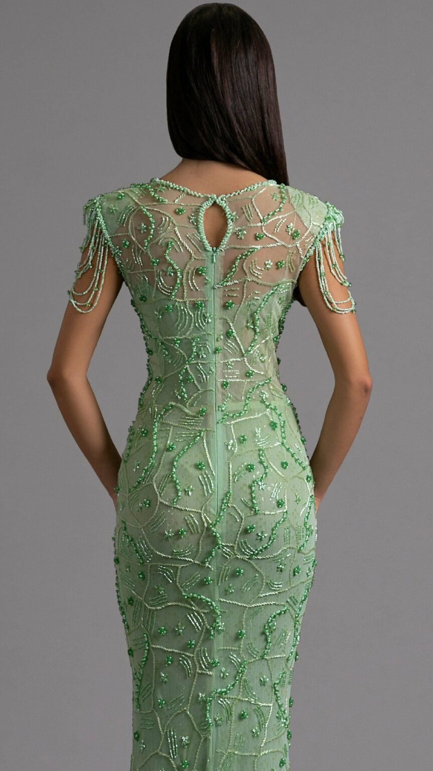 Emerald Green Beaded Gown with Cap Sleeves - KUJTA & MERI - KUJTA & MERI