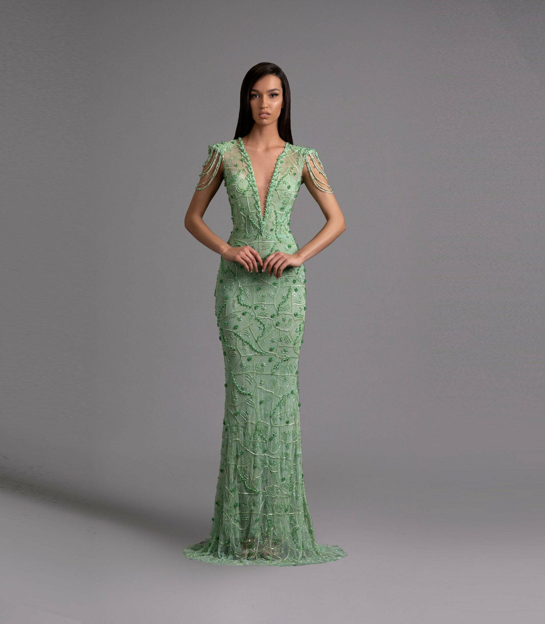 Emerald Green Beaded Gown with Cap Sleeves - KUJTA & MERI - KUJTA & MERI