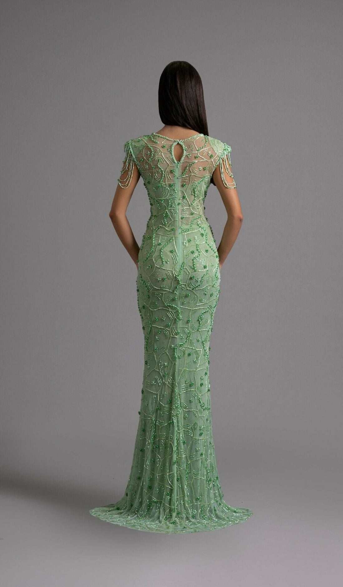 Emerald Green Beaded Gown with Cap Sleeves - KUJTA & MERI - KUJTA & MERI