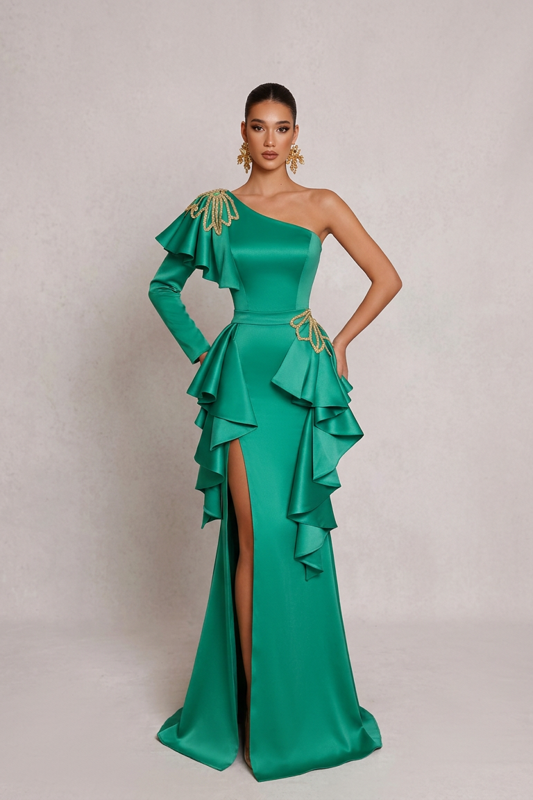 Green one-shoulder evening gown with ruffled details on a plain background