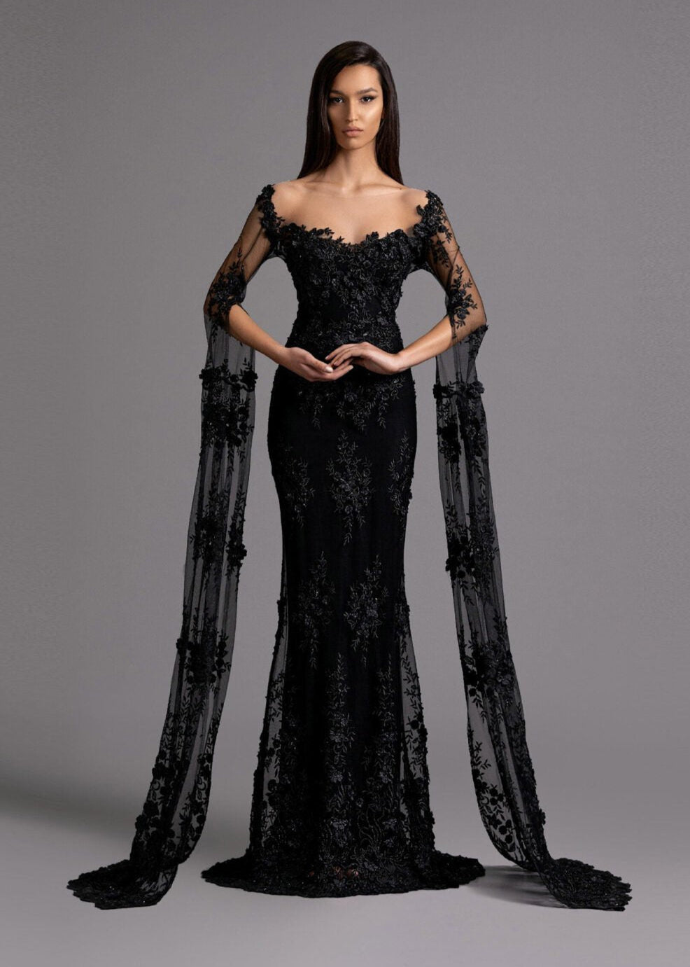 Enchanting Black Lace Off-Shoulder Gown – KUJTA & MERI