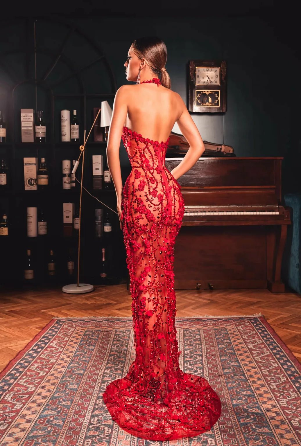 Fiery Elegance Red Beaded Halter Gown - KUJTA & MERI - KUJTA & MERI