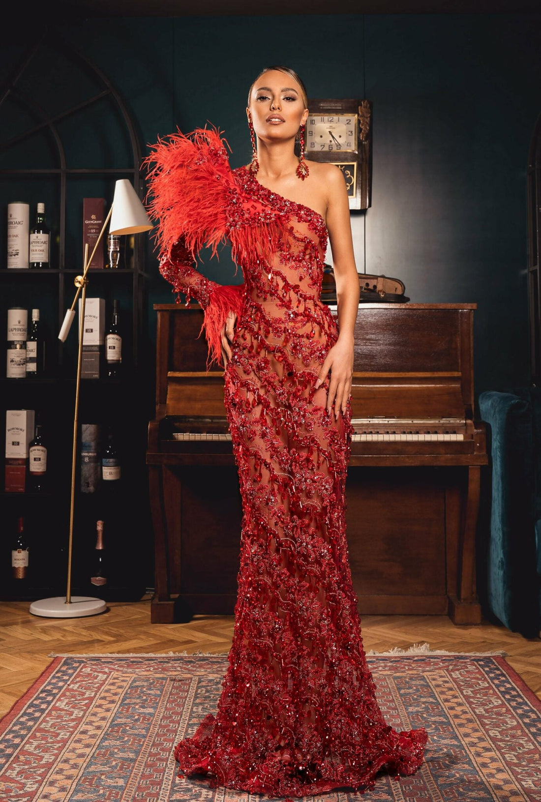 Fiery Red One - Shoulder Feathered Gown - KUJTA & MERI - KUJTA & MERI